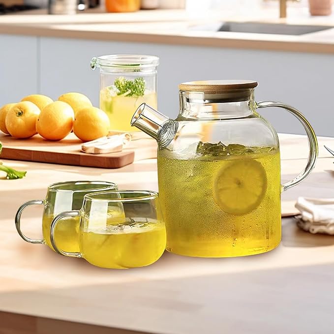 SHUWEICAO- Glass Teapot, Stovetop and Microwave Safe Glass Borosilicate Teapot, 60.8 oz Clear Glass Pitcherwith Natural Bamboo Lid and Removable Filter for Making Flower Tea and Juice