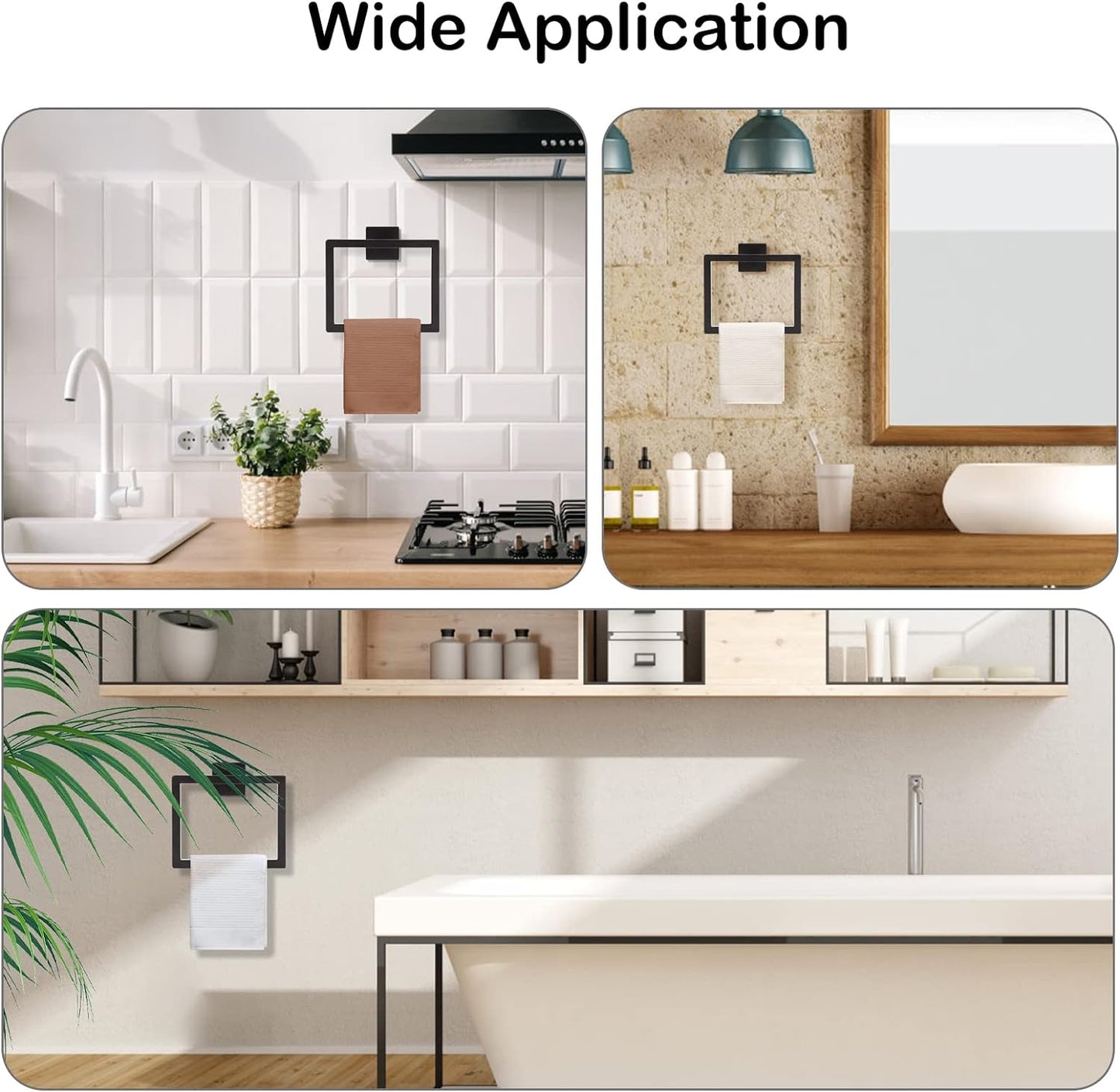 2-Piece Matte Black Square Towel Ring,Modern Hand Towel Holder for Bathroom,SUS304 Stainless Steel Towel Hangers Wall-Mounted