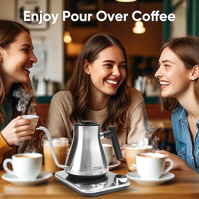 COZII Gooseneck Electric Kettle,5 Presets & ±1℉ Temperature Control 1200W Quick Heating Water Boiler for Coffee/Tea, 24H Keep Warm, Auto Shut Off Pour Over Kettle with 50pcs Coffee Filter,0.9L Silver