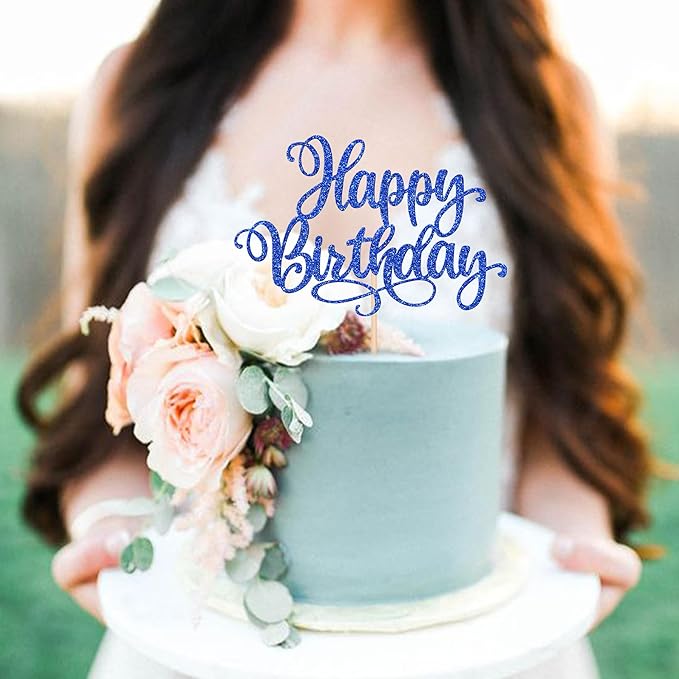 1 PCS Happy Birthday Cake Topper Glitter Happy Birthday Cake Pick Bunting Decor for Anniversary Celebrating Happy Birthday Party Cake Decorations Supplies Blue