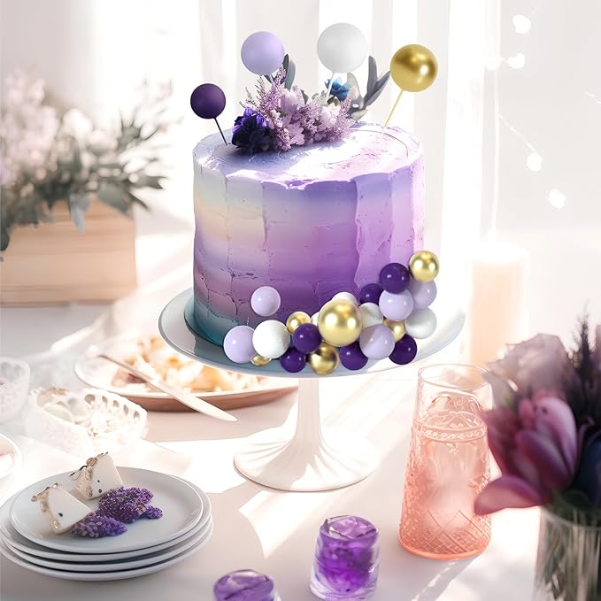 48 Pcs Balls Cake Topper Decorations Balloon Cupcake Toppers Foam Cake Topper Balls Cake Balls Decorations for Birthday Party Wedding Cake Decorating (Purple, Light Purple, White, Gold)
