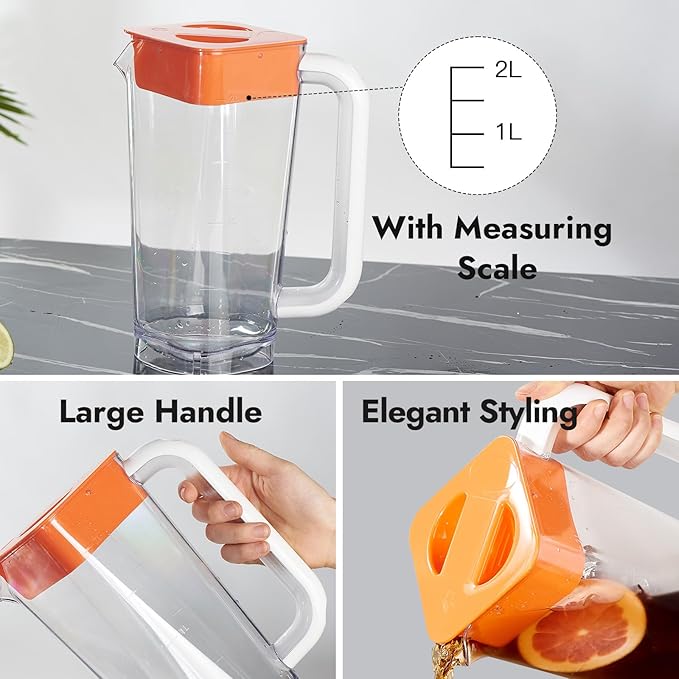 CURTA 2 Pack 2 Liters/68 oz Plastic clear Square Pitcher with Lid & Handle for Kitchen,ICED JUICE and Coffee Carafe Beverage Serveware, Acrylic Water Jug for Hot/Cold Drinks&lemonade