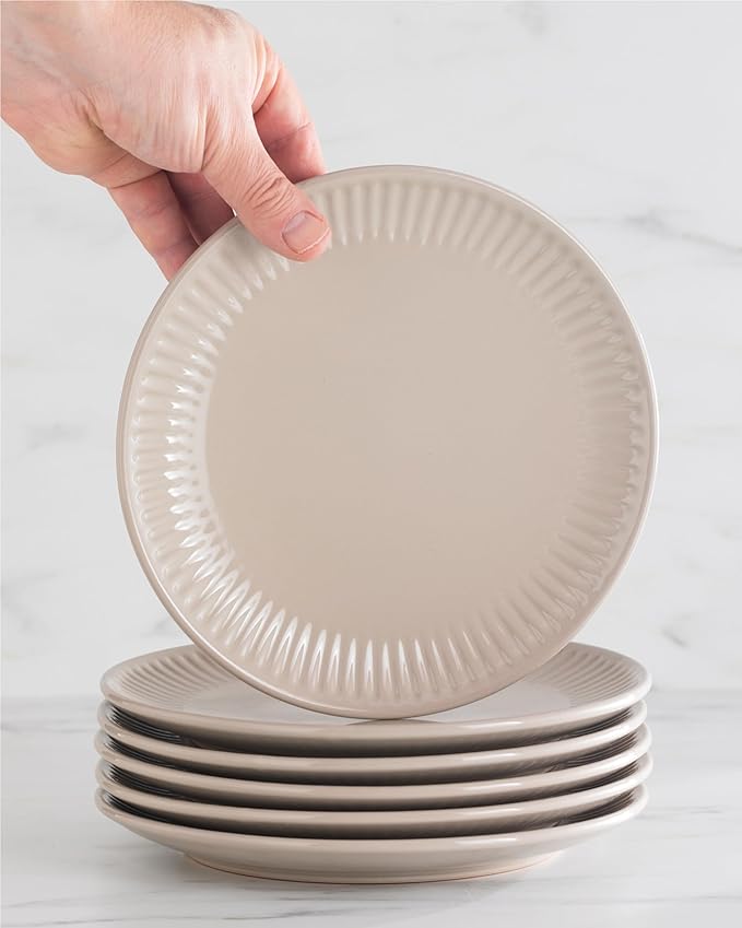 Stoneware Dinnerware Set for 4 People HYGGE 12-Piece - Elegant Scandi Design - Premium Dish Set - Bowl and Plate Set - Tableware for 4 People in a Ribbed Design - Pure Living in Light Brown