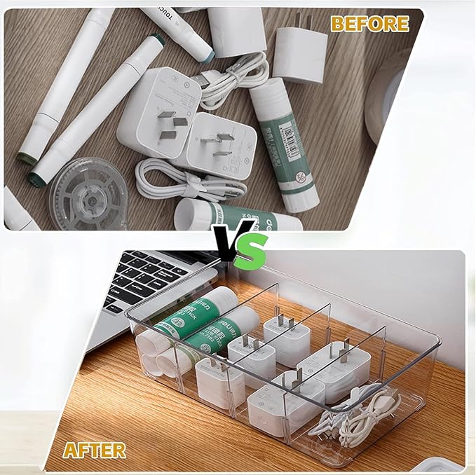 4 Pcs Clear Pantry Organizers and Storage,Plastic Storage Bins for Fridge with Removable Dividers, Kitchen Cabinet Organizers Ideal for Kitchen, Pantry, Refrigerator, Freezer, and Snack Storage