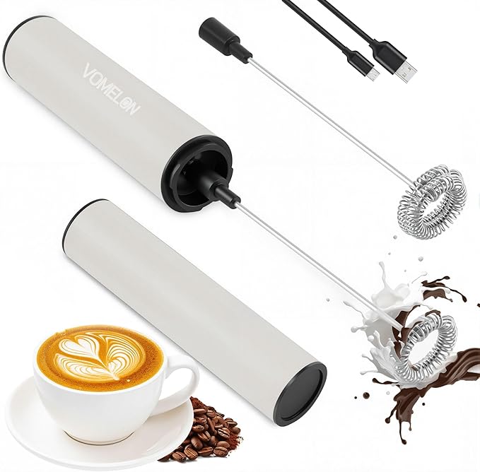 Milk Frother, Rechargeable Battery Operated Frother for Coffee,Portable Drink Mixer with 2 Stainless Steel Whisk Heads,Milk Foamer for Keto Coffee, Latte, Cappuccino, Hot Chocolate,White