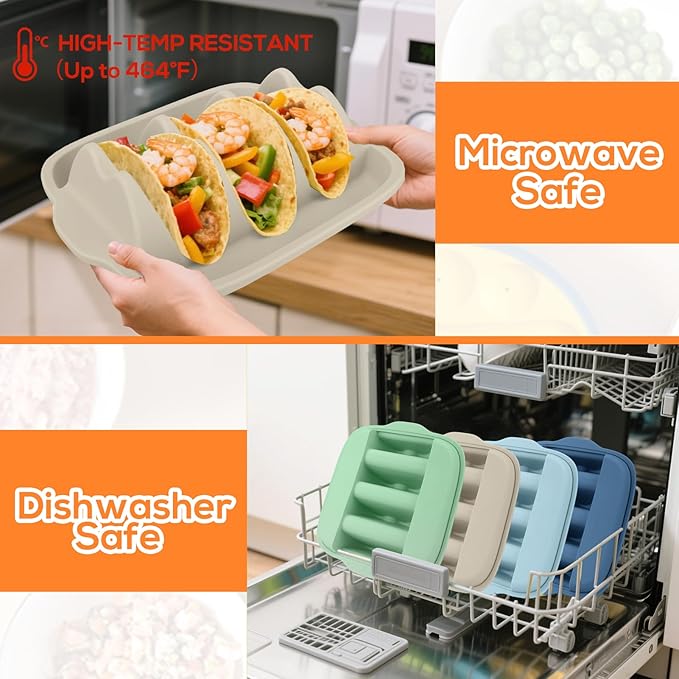 Silicone Taco Holders Set of 2 - Reusable Taco Stand with Dividers for Hard/Soft Shells, Microwave & Dishwasher Safe, Non-Slip Taco Serving Plates for Taco Tuesday, Party, Fiesta