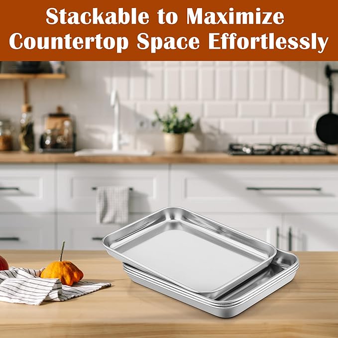 E-far Small Baking Sheet with Wire Rack (2 Pans + 2 Racks), Stainless Steel Cookie Sheets Trays & Cooling Rack for Toaster Oven, Non Toxic & Warp Resistant, Oven & Dishwasher Safe, 10.5 x 8.3 x 1 Inch