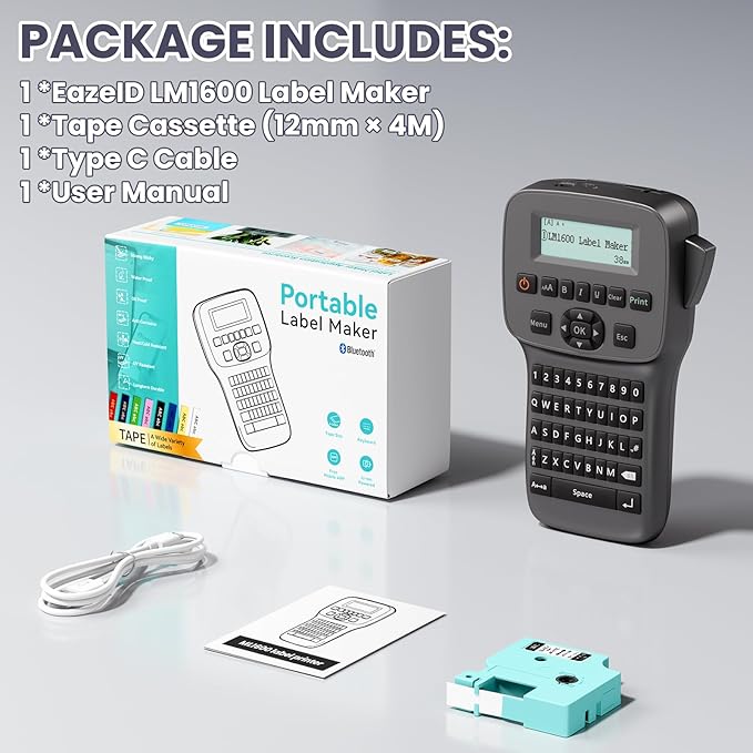 Label Maker Machine with-Tape Waterproof, Rechargeable Label Maker Portable, Keyboard Label Makers with Backlit Screen, Bluetooth Labeler for School Office Industrial Use, LM1600 Black