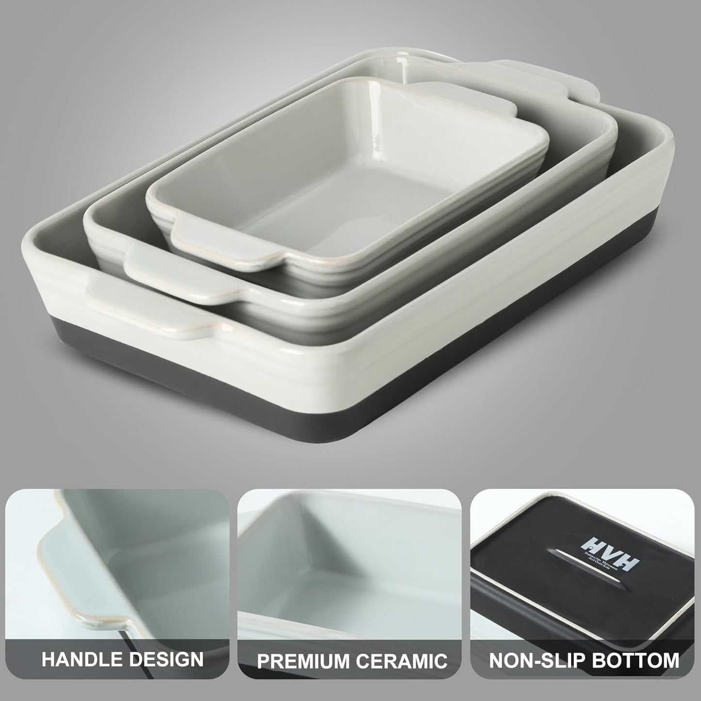 HVH Baking Dish Set, 9x13 Baking Dish, Large Casserole Dishes for Oven, Ceramic Lasagne Pan Deep, Baking Dishes for Casseroles 13 x 9, Ceramic Bakeware Set of 3, Farmhouse Style (Black Pottery)