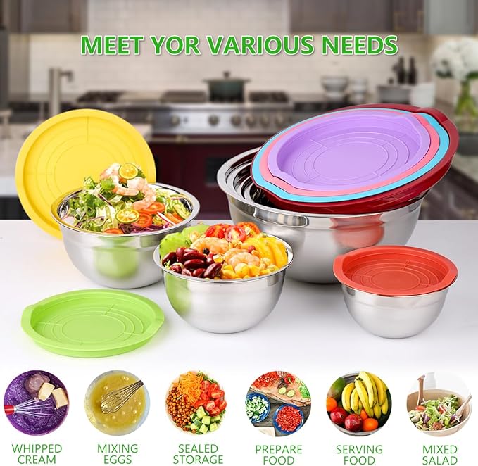 Mixing Bowls with Lids for Kitchen - 26 PCS Stainless Steel Nesting Colorful Mixing Bowls Set for Baking,Mixing,Serving & Prepping,Size 5, 3.7, 2.8, 2.3, 1.7, 1.1, 0.7QT,11 Cooking Utensils