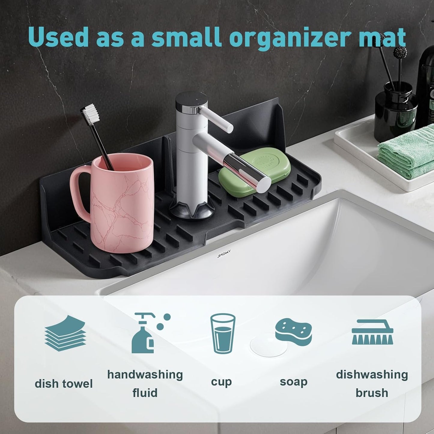Silicone Kitchen Sink auto Drain Organizer, Kitchen countertop and Sink Splash Guard.Kitchen Sponge Rack and organizing Shelf,Suitable for Cleaning Tools, dispensers, Bottles, Cups (Black)