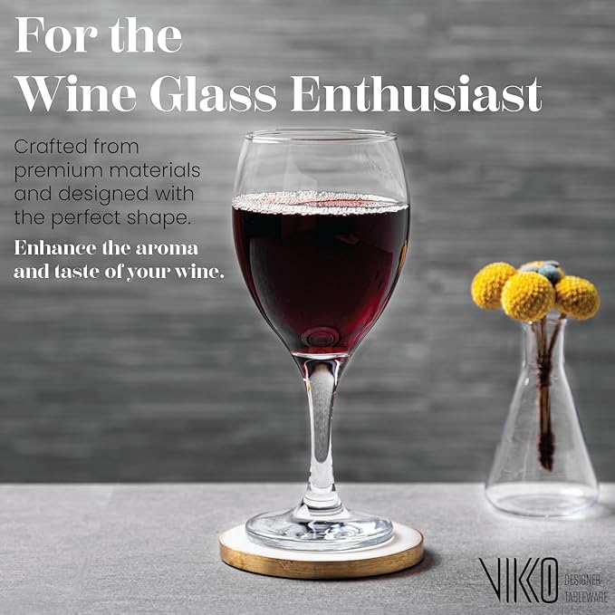 Vikko Wine Glasses, 15 Ounce Stemmed Set of 6 for Red and White, Thick and Durable Clear Glass
