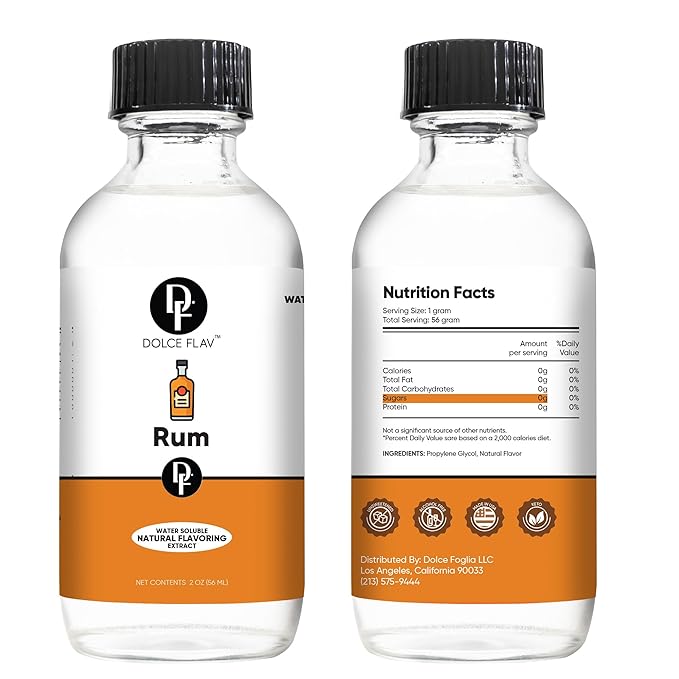 Dolce Flav Natural Rum Extract – 2 Ounce Water-Soluble Kosher, Sugar-Free, Concentrated Dark Rum Flavoring for Baking, Cocktails & Desserts, Includes Measured Dropper
