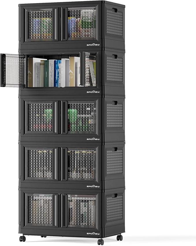 500Qt Stackable Storage Bins with Lids, 125Gal Closet Organizers and Storage Drawer, Plastic Collapsible Storage Bins with Doors, Heavy Duty Store Box Cabinet for Home Office, 5Pack Black