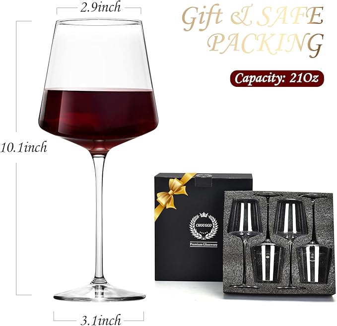 Chouggo 21Oz Wine Glasses Set of 4, Hand Blown Crystal White Wine or Red Wine Glasses, Tall Long Stem Large Glass, Perfect for Wedding Anniversary or Birthday Gift
