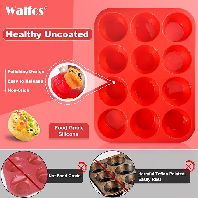 Walfos Muffin Pan Set - 12 Cups Regular Silicone Cupcake Pan, Non-stick and BPA Free, Great for Making Muffin Cakes, Tart, Fat Bombs - Dishwasher Safe, 2-Piece