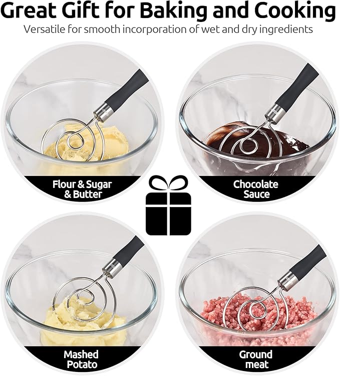 U-Taste 12.6" Danish Dough Whisk: 18/8 Stainless Steel Heavy-Duty Sourdough Mixer Tool, Food Grade Dutch Style Seamless Bread Wisk, Sturdy for Mixing, Stirring, Pressing, Kneading Thick Batter (Black)