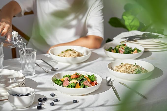 DOWAN 8.5" Pasta Bowls Set of 4, 30oz White Ceramic Shallow Dinner Bowls for Salad, Soup & Pasta, Stackable and Easy to Clean, Ideal for Everyday Use & Housewarming Gift