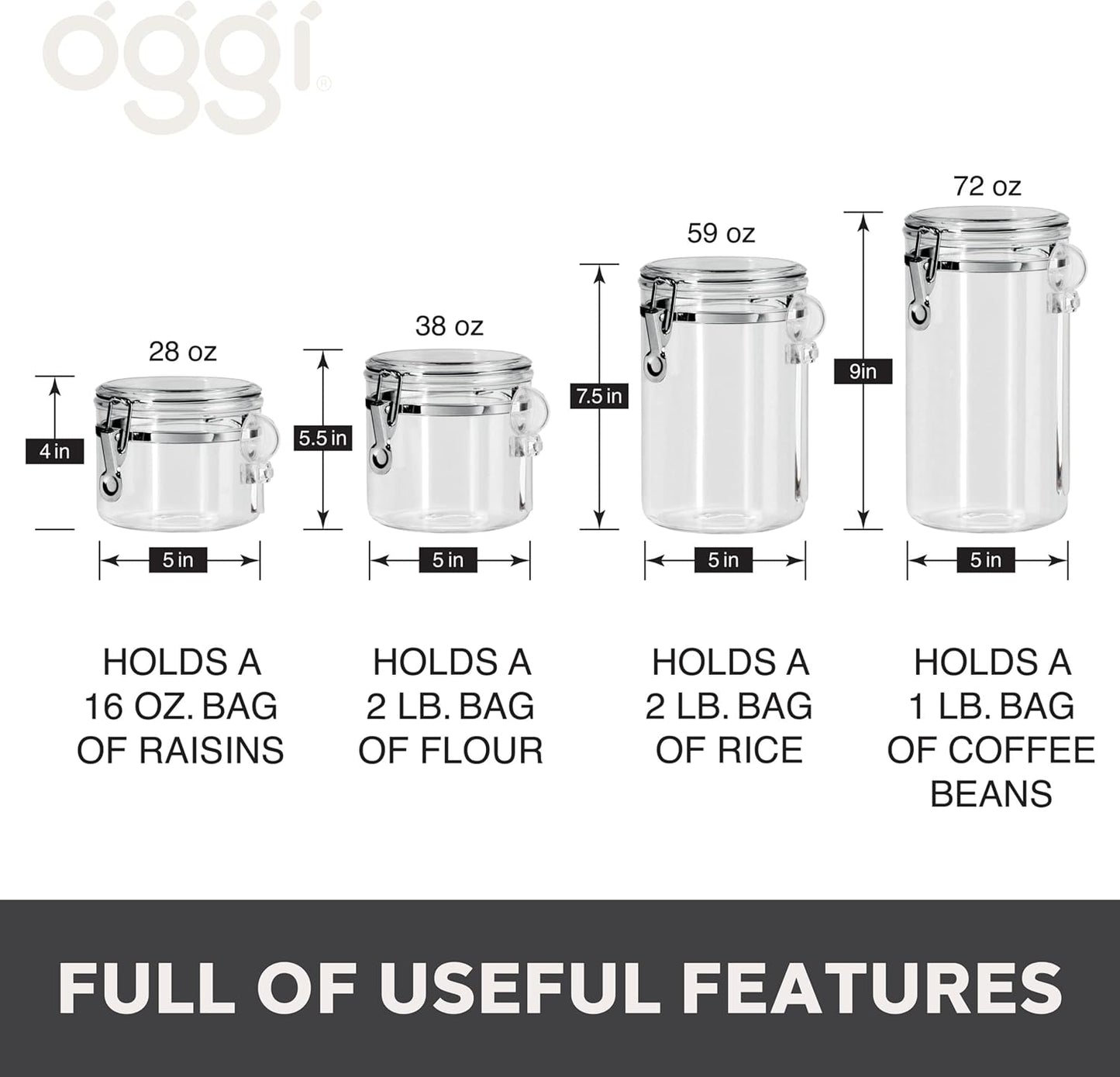 Oggi 4pc Clear Canister Set with Clamp Lids Airtight Containers in Sizes Ideal for Kitchen & Pantry Storage of Bulk, Dry Foods Including Flour, Sugar, Coffee, Rice, Tea, Spices & Herbs