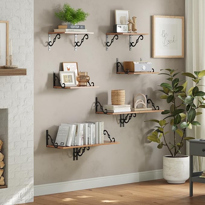 DINZI LVJ Deep Floating Shelves, 16" W x 12" D Wall Shelves Set of 2, Wide Display Shelf Wall Mounted with Brackets, Easy-to-Install Wall Bookshelf for Living Room, Bathroom, Bedroom, Rustic Brown