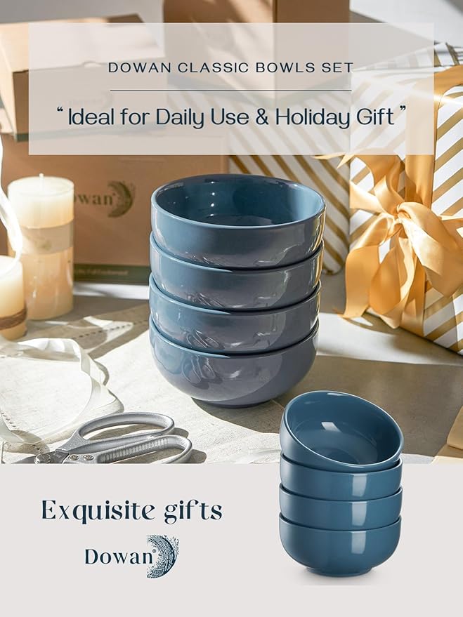 DOWAN 22 OZ Ceramic Soup Bowls & Cereal Bowls - 6" Classic Bowls Set of 4 for Soup, Cereal, Oatmeal, Fruit, Rice - Dishwasher & Microwave Safe (Airy Blue)