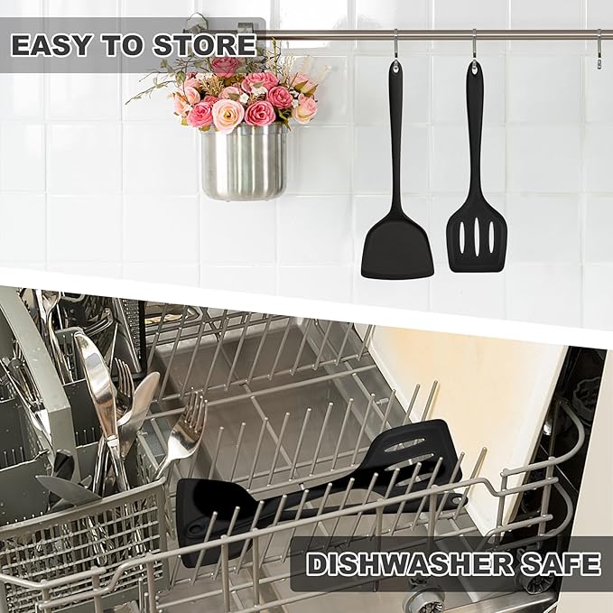 TeamFar Silicone Spatulas, 2pcs Solid & Slotted Cooking Turner for Non-stick Cookware, Kitchen Utensils for Flipping/Frying, Healthy & Seamless, Heat-Resistant & Non-Scratch, Dishwasher Safe, Black