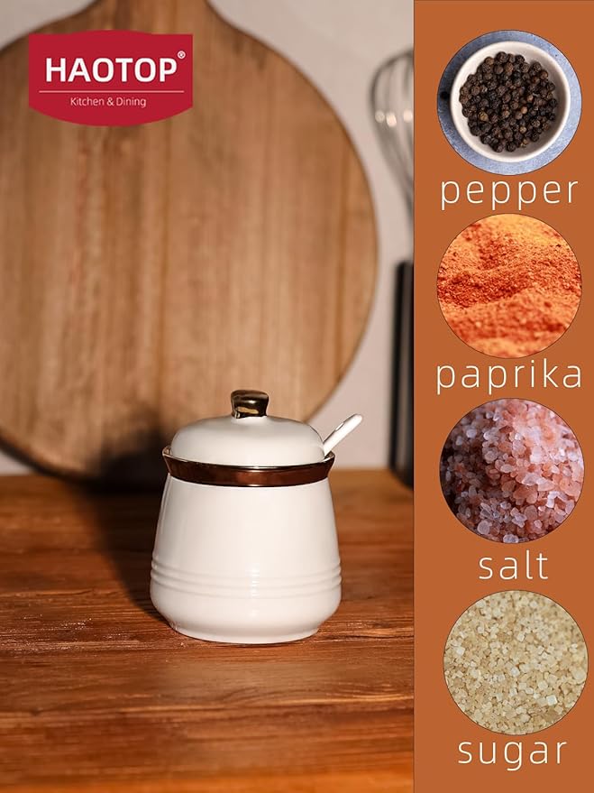 HAOTOP 12oz Sugar Bowl with Lid and Spoon,Simple Ceramic Sugar Jar Sugar Container Sugar Dispenser Coffee Bar Accessories, Modern Kitchen Countertop Canisters, White