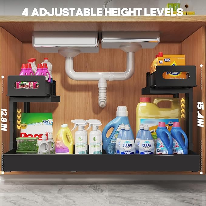 1 Pack-15.7"-25.7"W Expandable Under Sink Organizer With Upgrade Ball-Bearing Slide,2-Tier Pull Out Under Cabinet Organizer Height Adjustable,Not Suitable For Cabinets With Partitions In The Middle