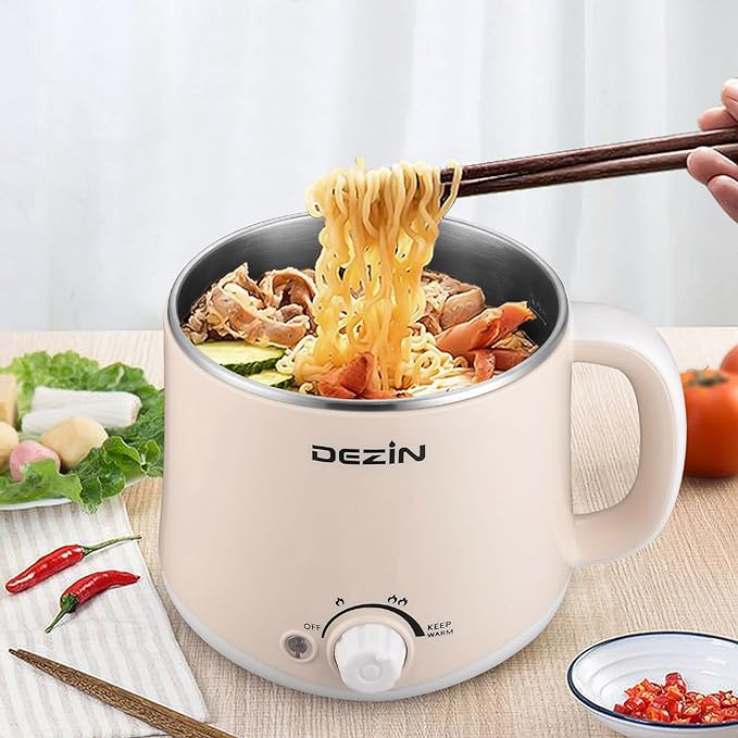 Dezin Hot Pot Electric with Steamer, Rapid Noodles Cooker, Stainless Steel Electric Pot 1.6 Liter, Perfect for Ramen, Egg, Dumpling, Soup, Oatmeal with Temperature Control and Keep Warm Function