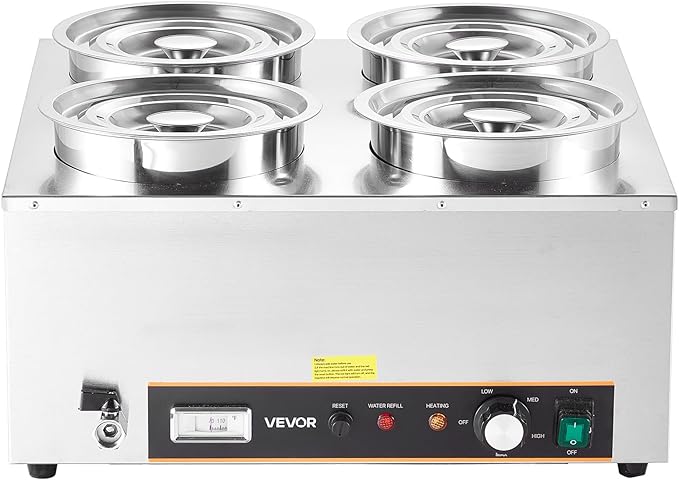 VEVOR Electric Soup Warmer, Four 6.34QT Stainless Steel Round Pot with 86~185°F Adjustable Temp, 1500W Commercial Bain Marie with Anti-Dry Burn and Reset Button, Soup Station for Restaurant, Buffet
