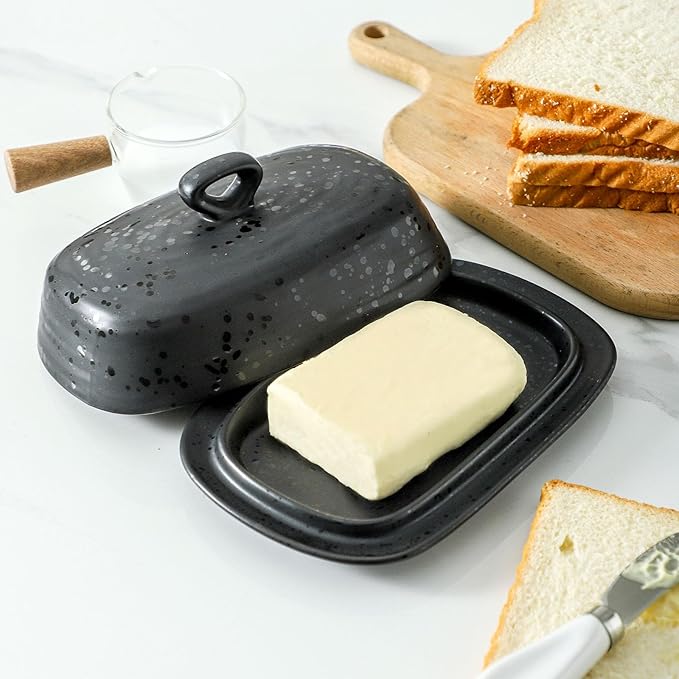 Hansense Porcelain Butter Dish with Lid for Countertop, Ceramic Butter Keeper with Handle Cover, Butter Holder Container Perfect for East and West Coast Butter, Dishwahser Safe, Dark