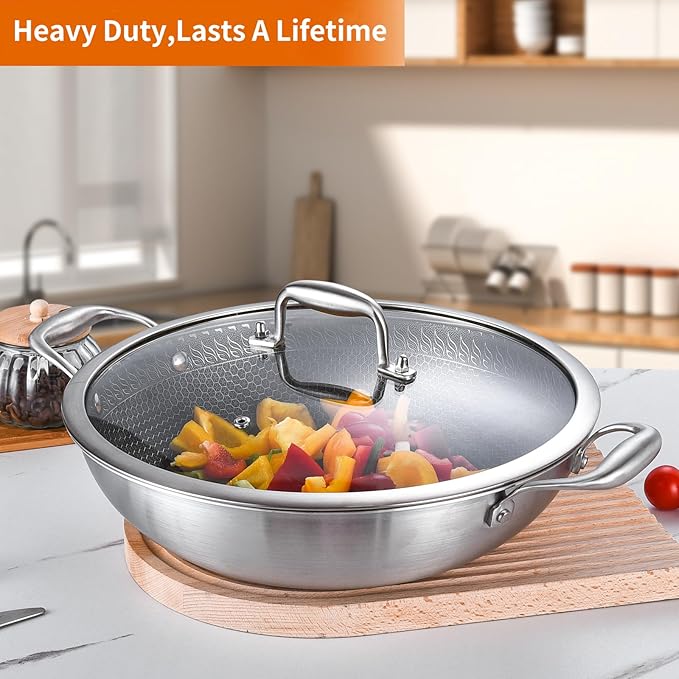 DELARLO Tri-Ply Stainless Steel Wok 13in Nonstick Deep Wok Pan with Lid,Stir-Fry Pans,5.5QT Cooking Pot induction Large woks,Compatible with All Cooktops Up to 550°F(Double Handle)