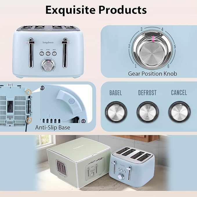 4-Slice Toaster 1.5" Extra Wide Slot Stainless Steel with High Lift Lever, 6 Presets & Bagel/Defrost/Cancel Function, Removal Crumb Tray, Under Base Cord Storage, Blue