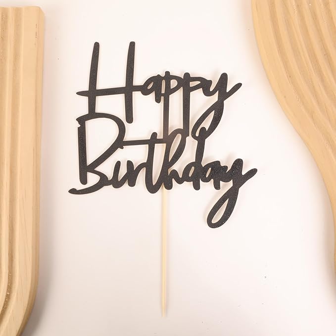 Happy Birthday Cake Topper - Glitter Black Birthday Cake Top Decorations (Black)