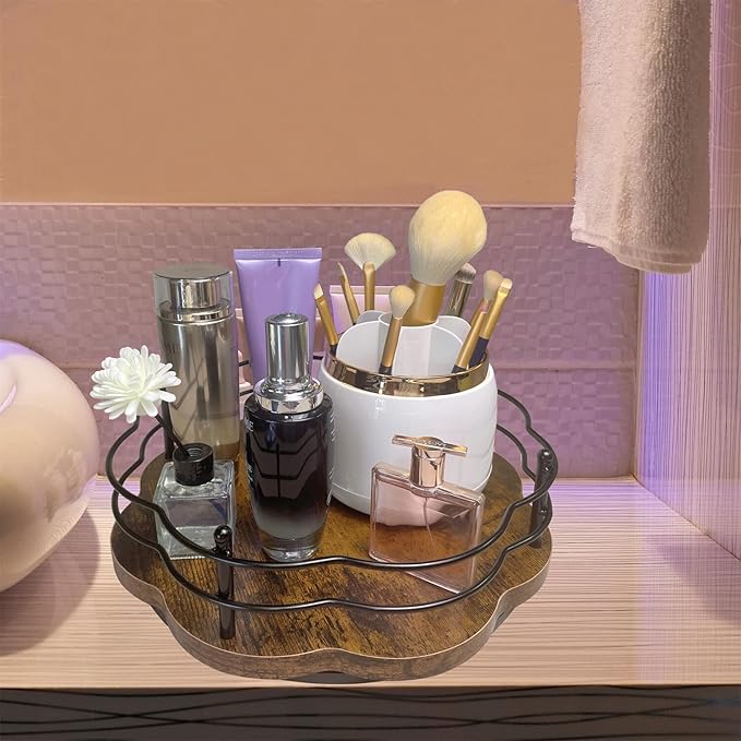 13" Lazy Susan Turntable Organizer with Higher Metal Sides, 360ยฐ Rotating Wooden Lazy Susan Organization and Storage for Cabinet,Kitchen,Countertop,Table Top,Dining Table,Coffee Bar Decor