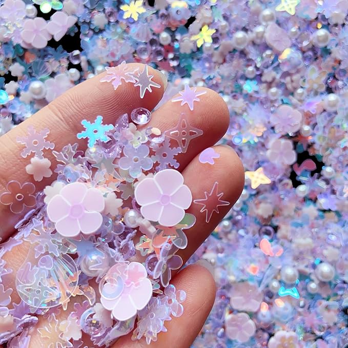 Sequins Holographic Polymer Clay Slices Nail Glitter 3D Holographic Snowflake Shell Butterfly Plum Blossom Nail Sequins Slices Polymer Clay Nail Decals for DIY Nail Decoration (Purple-52)