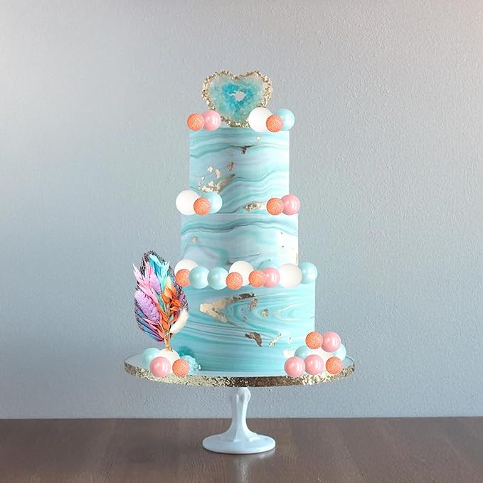 Gyufise 21 Pack Flower Boho Cake Topper Ball Cake Decorations Palm Leaves Plants Cake Decor for Girl Bohemian Princess Theme Wedding Baby Shower Birthday Party Supplies Pink Blue
