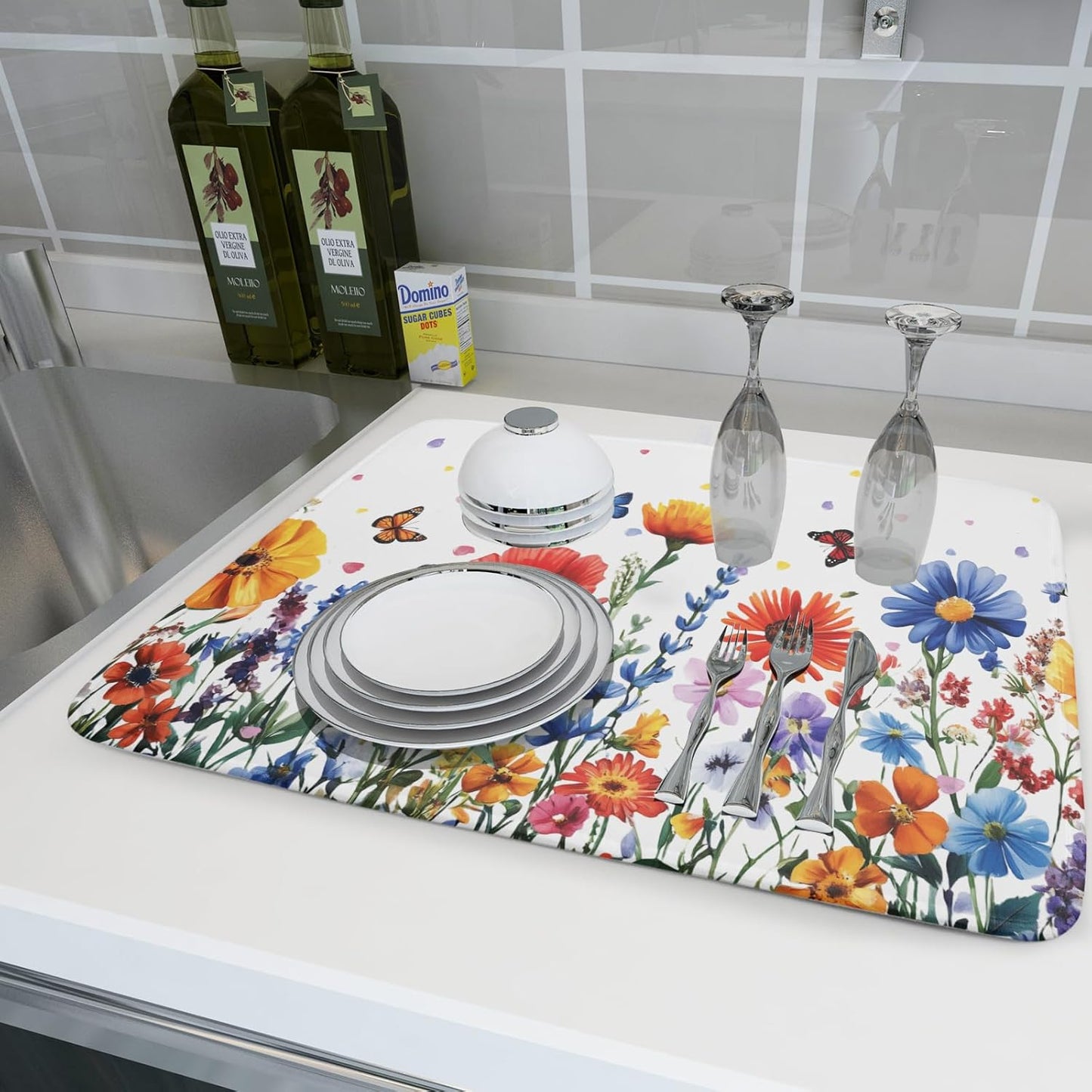 Watercolor Flower Dish Drying Mat 18x24 Inch Floral Butterfly Dish Drainer Protector Pad Washable Reversible Kitchen Counter Dish Dry Pad