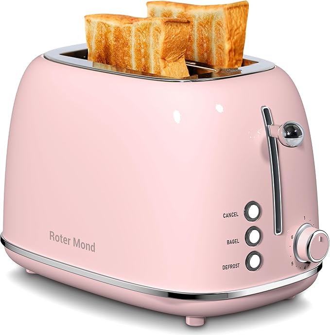 2 Slice Toaster Retro Stainless Steel with Bagel, Cancel, and Defrost Functions, 6 Bread Shade Settings, Extra Wide Slots and Removable Crumb Tray, Pink