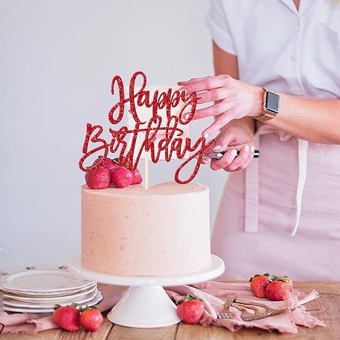 ZHUOWEISM 1 PCS Red Glitter Happy Birthday Cake Topper for Celebrating Birthday, Anniversary Parties