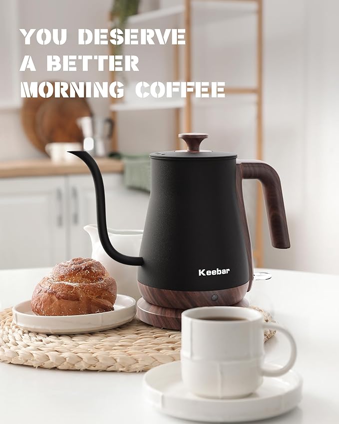 Gooseneck Electric Kettle - Stainless Steel Pour Over with Auto Shut Off, 0.8L Capacity, 1000W Quick Heating, Design with Elegant Handle, Matte Black with Walnut, Manual, (XH-W081-BW)