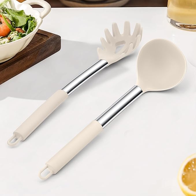 TeamFar Silicone Soup Ladle and Pasta Fork Set, 2 Pcs Large Nonstick Kitchen Cooking Utensils with Stainless Steel Handle for Draining, Serving Soup, Sauce, Spaghetti, Non-Toxic & Heat-Proof, Khaki
