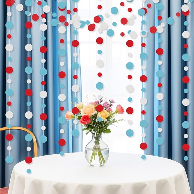Outus 10 Pieces Colorful Dots Paper Garland Round Glitter Garland Hanging Confetti Streamers Backdrop Decoration for Birthday Classroom Candy Sprinkles Trunk or Treat Party (Light Blue,White,Red)