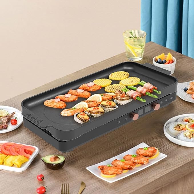 Portable Double Induction Cooktop with Removable Non-Stick Cast Iron Griddle Pan, 2 Burner Electric Stove with Timer & Digital Temperature Control, Black