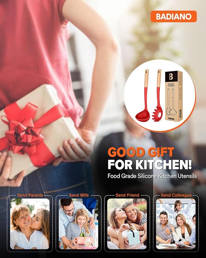 Pasta Fork and Ladle Set, Perfect for Serving Hot Soup, Stirring, and Sauce Pasta, BPA-Free Matte Silicone, Wood Handle Spaghetti Spoon for Nonstick Cooking Surfaces (Red)