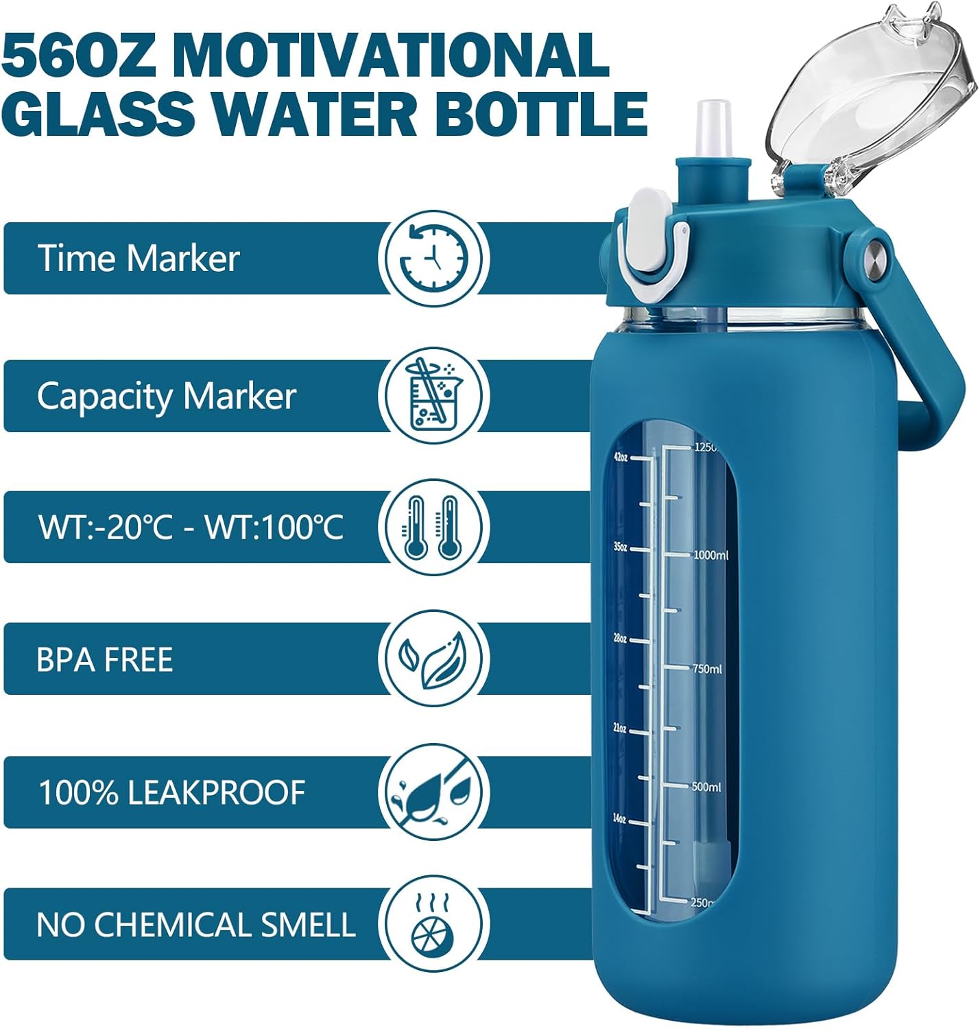 kytffu 56oz Glass Water Bottles with Straw, Motivational Glass Bottle with Silicone Sleeve and Time Marker, Leakproof Large Glass Water Jug for Gym Home Office,Iron Blue