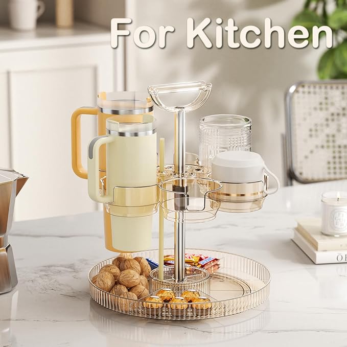 Rotating Stanley Cup Holder, Portable Water Bottle Organizer for 6 Stanley 40 oz & Mug, Adjustable Lazy Susan Organizer for Table Top Cabinet Home Countertop Pantry Shelf Tumbler Lid Organizer