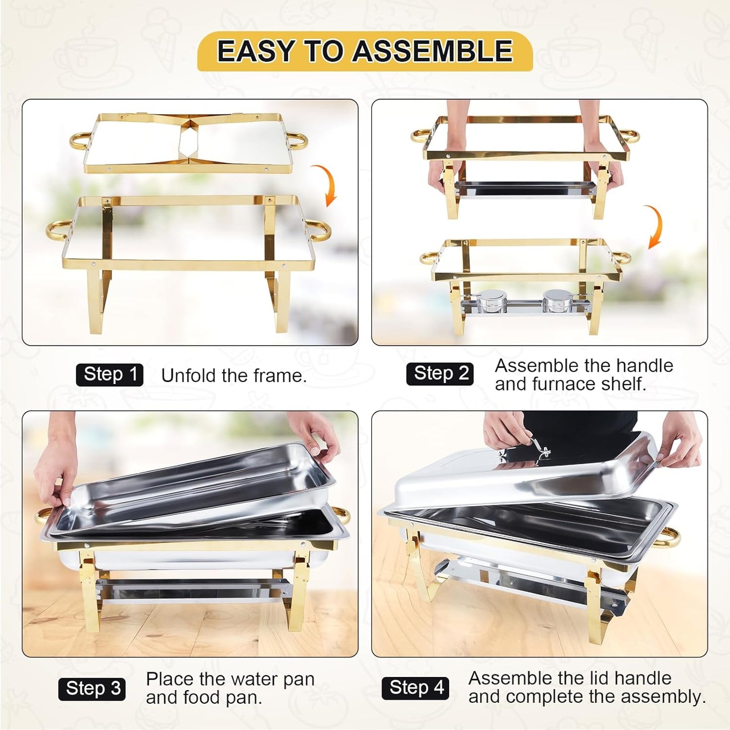 GarveeHome Chafing Dishes for Buffet 2 Pack, 8 Qt Stainless Steel Chafers and Buffet Warmers Sets with Lid, Rectangle Serving Food Warmer Catering Supplies Buffet Display for Parties, Gold