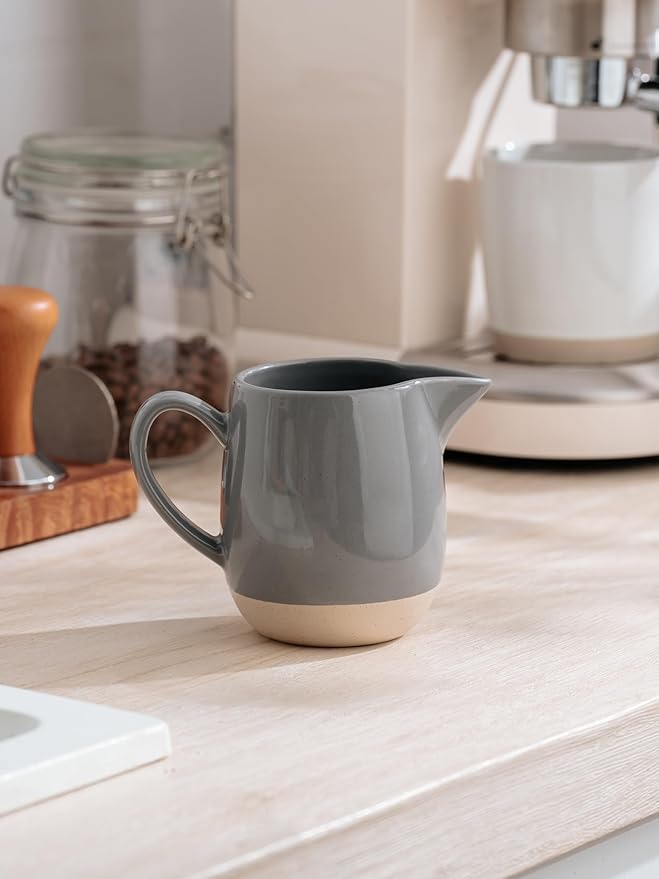 famiware Milkyway 13oz Creamer with Handle, Ceramic Coffee/Milk/Sauce/Serving/Salad Pitcher Jug, Stoneware Maple/Syrup Dispenser, Milk Frother Cup, Microwave and Dishwasher Safe, Dark Gray