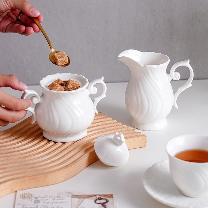 Sugar and Creamer Set Ceramic, Creamer Pitcher and Sugar Bowl with Lid, Creamer Pitcher with Handle,Sugar Cube Dish Coffee or Tea, White (white)